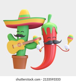 cactus and red chili pepper playing music 3d illustration render