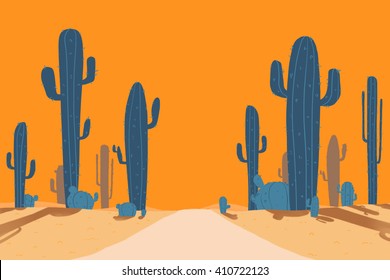 Cactus Road of Desert. Video Game's Digital CG Artwork, Concept Illustration, Cartoon Style Background
