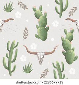 Cactuses   longhorn skulls in desert  seamless pattern and digital hand drawn art
