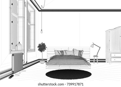 CAD Bedroom Draft For Planning Interior Design With Room Planner (3D Rendering)