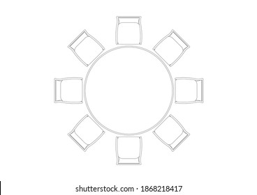 CAD Drawing Of Round Banquet Table Complete With Single Chairs Around. The 2D Image Is Black And White.
