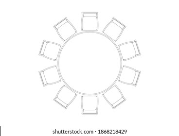 CAD Drawing Of Round Banquet Table Complete With Single Chairs Around. The 2D Image Is Black And White.
