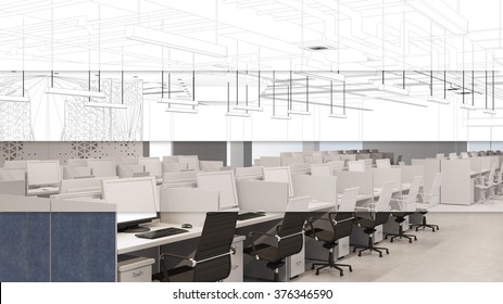 CAD Planning Of Call Center Office From Wireframe Mesh To 3D Rendering