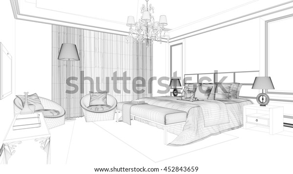 Cad Planning Hotel Room Wireframe Mesh のイラスト素材