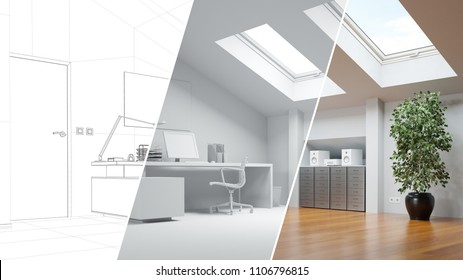 CAD Room Planner For Loft Office From Line Drawing To 3D Rendering (3D Rendering)