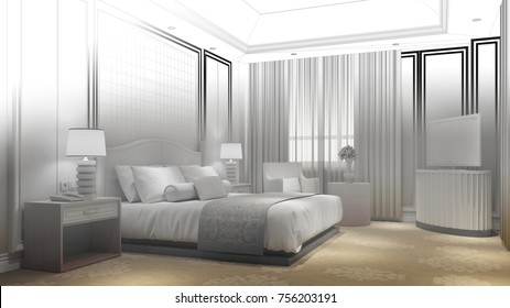 CAD Room Planner Model Process Of Hotel Bedroom With Bed (3D Rendering)