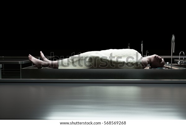 スチールテーブルの上の死体 死体 解剖のコンセプト 3dレンダリング のイラスト素材