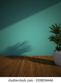 Cadet Blue Wall Interior With  Indoor Plant And Wood Floor, 3D Rendering