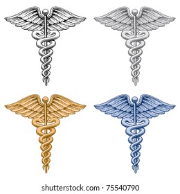 Caduceus Medical Symbol is an illustration of four versions of the Caduceus medical symbol. There is a black and white, silver, gold and blue version.