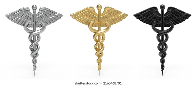 Caduceus - silver, gold, dark metal medical symbol, 3d render
