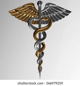 Caduceus - silver and gold metal medical symbol, 3d render