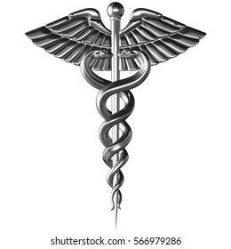 Caduceus - silver metal medical symbol, 3d render