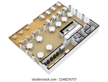 Cafe Bar Restaurant Floor Plan Top View. Cafe Interior With Coffee Machines, Tables, Seats, Counter, Cash Register And Blackboard Menu. Floorplan. 3d Illustration.