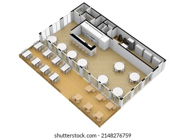 Cafe Bar Restaurant Floor Plan Top View. Cafe Interior With Coffee Machines, Tables, Seats, Counter, Cash Register And Blackboard Menu. Floorplan. 3d Illustration.