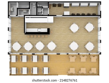 Cafe Bar Restaurant Floor Plan Top View. Cafe Interior With Coffee Machines, Tables, Seats, Counter, Cash Register And Blackboard Menu. Floorplan. 3d Illustration.