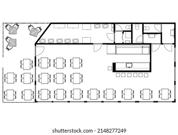 Cafe Bar Restaurant Floor Plan Top View. Cafe Interior With Coffee Machines, Tables, Seats, Counter, Cash Register And Blackboard Menu. Floorplan. 3d Illustration.