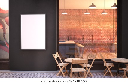 Cafe Facade Mockup With Glass Wall And Poster 3d Rendering