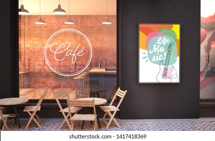 Cafe Facade Mockup With Glass Wall And Live Music Poster 3d Rendering