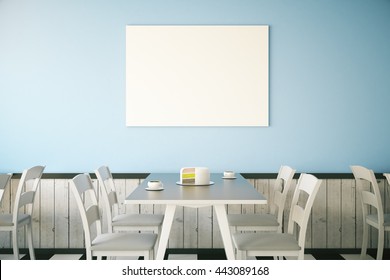 Cafe interior with cake on table and blank poster on light blue wall. Mock up, 3D Rendering