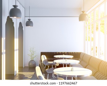 Cafe interior with a large sofa, a row of tables with chairs near windows and a big horizontal poster on the wall, wooden floor. 3d rendering. illustration Mock up.