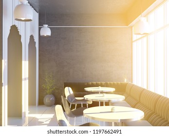 Cafe interior with a large sofa, a row of tables with chairs near windows and a big horizontal poster on the wall, wooden floor. 3d rendering. illustration Mock up.