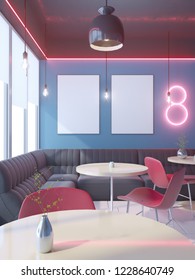 Cafe interior with a large sofa, a row of tables with chairs near windows and a big horizontal poster on the wall, wooden floor. Neon on the wall, 3d rendering. illustration Mock up.