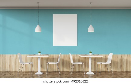 Cafe interior with retro design, tables, chairs and vertical poster on white wall. Concept of diner. 3d rendering. Mock up. 