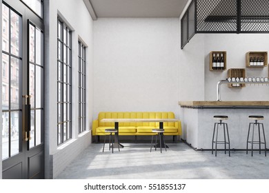 Cafe With A Large Yellow Sofa, Small Tables And A Bar. Large Vertical Poster On A Concrete Wall. 3d Rendering. Mock Up. 