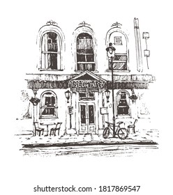 Cafe Print Graphic Painting  Illustration, Art Print Cafe Paris, Street Cafe In Paris Sketch  Graphic, Architecture Sketch Draw Graphic Illustration Black And White, Europe Travel Cafe Art Tourism.