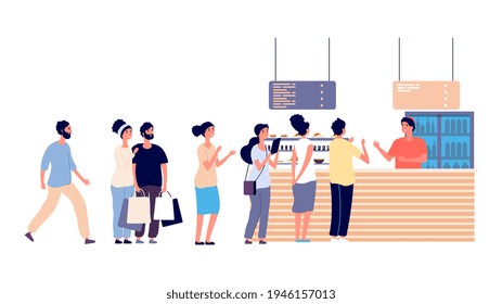 Cafe Queue. People Wait Food, Street Food Restaurant. Salad Bar, Men And Women Need Food Illustration