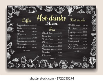 Cafe, restaurant hot drinks menu list on chalkboard template. Hand drawn tea, coffee, desserts items with hot beverages names. - Powered by Shutterstock