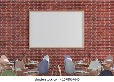 Cafe or restaurant interior with blank horizontal poster on the red brick wall. Front view. Clipping path around poster mock up. 3d illustration.