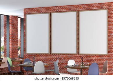 Cafe or restaurant interior with blank three vertical posters on the red brick wall. Side view. Clipping path around poster mock up. 3d illustration.