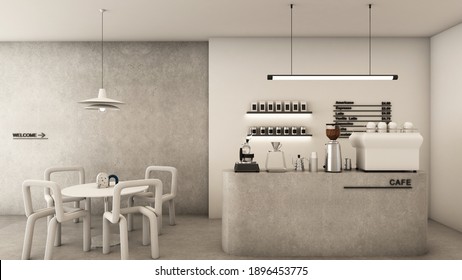 Cafe shop design Minimalist 
 Loft,Counter concrete,Concrete wall,Waiting area white table white chair,Concrete floors -3D render