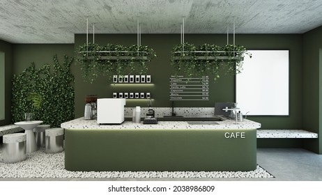 Cafe Shop Design Modern And Minimal,Green Counter,Metal Light Pendant, Metal Menu Text On Wall,Green Colors Seat,Floor Concrete- 3D Render