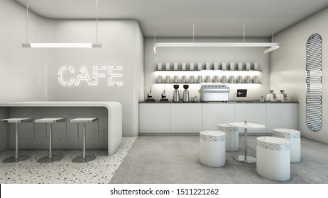 Cafe shop Modern & Loft design,Counter white gloss waiting,Neon text on white gloss wall,Counter cafe top metal white metal,White gloss wall,Concrete floor,Waiting seat,Granite stone floor-3D render