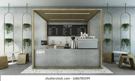 Cafe Shop Modern & Loft Design,Wood Frame,Counter Concrete,Black Board Menu,Under Counter Granite Stone Floor,Concrete Wall,Concrete Floor-3D Render