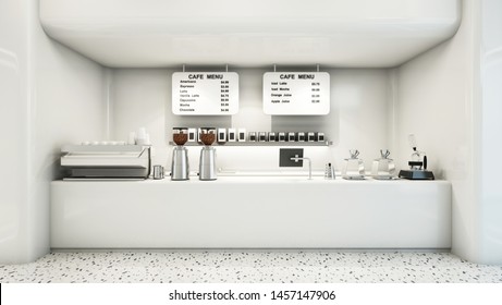 Cafe Shop Modern & Minimal Design Counter White Gloss,White Gloss Wall, The Shelf Behind The Counter Is A White Gloss.-3D Render