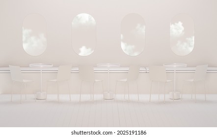 Cafe Shop Modern And Minimal Design. Furniture Waiting Zone Beige Color, Table And Chairs White Gloss, White Gloss Wall. Concept From Spaceship, Plane .3D Render 
