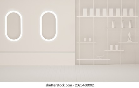 Cafe Shop Modern And Minimal Design. Furniture Waiting Zone Beige Color, Table And Chairs White Gloss, White Gloss Wall. Concept From Spaceship, Plane .3D Render 
