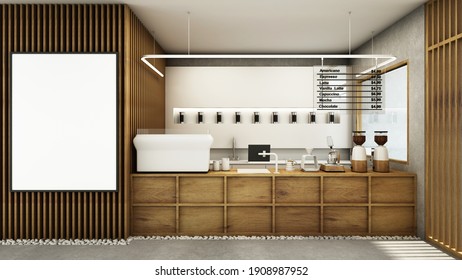 Cafe shop  Restaurant design japanese style,Counter light wood,Wood slat wall,Wall back decor,Wood slat wall mock up,Concrete floors -3D render - Powered by Shutterstock