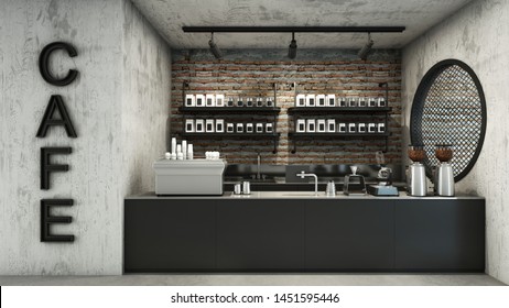 Cafe shop  Restaurant design Minimalist 
 Loft,Counter black metal,Top counter stainless steel,Wall back counter brick,concrete floors -3D render