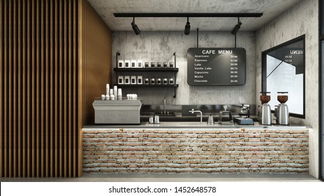 Cafe Shop  Restaurant Design Minimalist 
 Loft,Counter Brick,Top Counter Stainless Steel,Wall Back Counter Concrete,Concrete Floors -3D Render