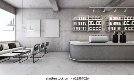 Cafe shop & Restaurant design Minimalist counter concrete Top counter white / concrete wall / concrete floors -3D render - Powered by Shutterstock