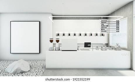 Cafe Shop  Restaurant Design Modern And Minimal,Counter White Gloss,Wall Back Counter White Decor,White Gloss Wall Mock Up,Concrete Floors -3D Render