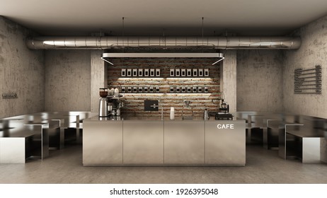 Cafe Shop  Restaurant Design Modern And Loft,Counter Steel Text Neon Cafe,Back Counter Brick Wall Shelf Product,Menu Text On Concrete Wall,Concrete Floors -3D Render