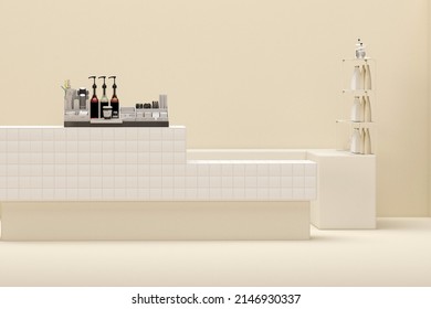 Cafe Shop Restaurant Design Modern And Minimal, Counter Beige And White Gloss ,Wall Back Counter White Decor. 3d Render