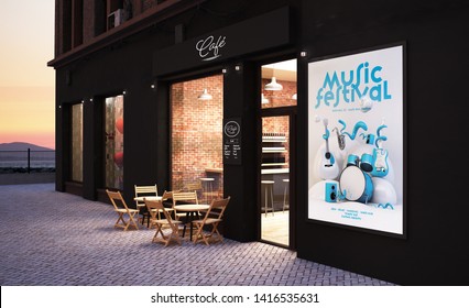 cafe store front mockup with music poster 3d rendering 