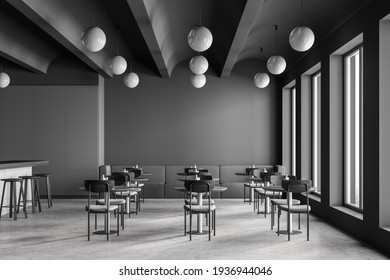 Cafeteria, dining room in university, cafe with tables and chairs, counter bar hotel. Canteen interior in school, college or office. Wall copy space. 3d rendering.