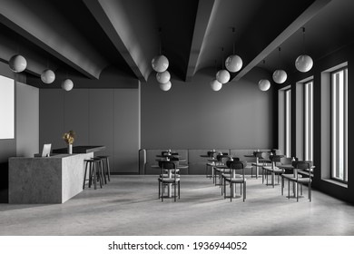 Cafeteria, dining room in university, cafe with tables and chairs, counter bar hotel. Canteen interior in school, college or office. 3d rendering.